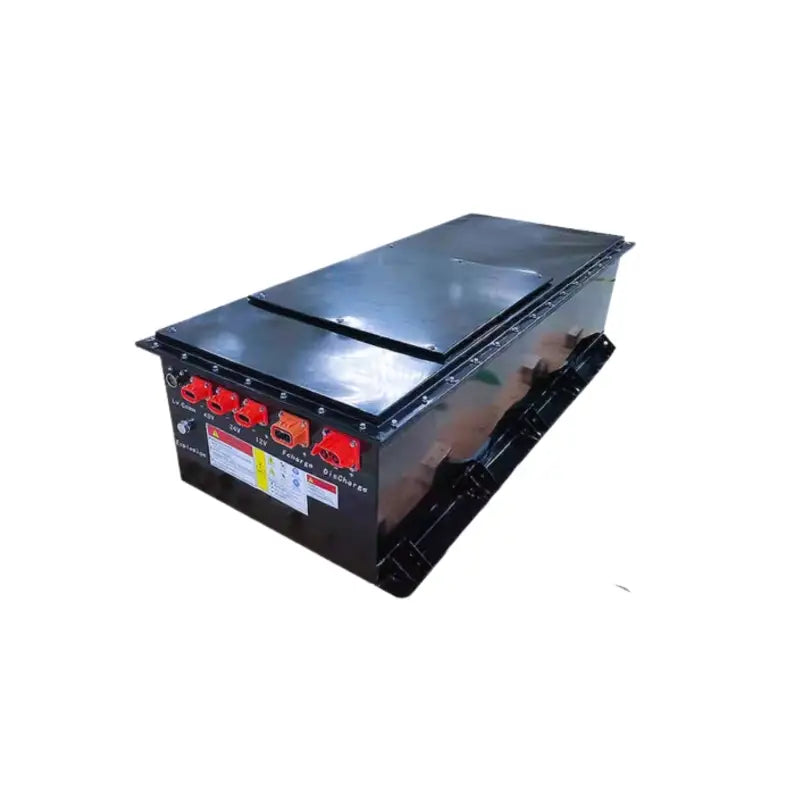 Black 96V 400AH deep cycle lithium EV battery box with red and yellow light.