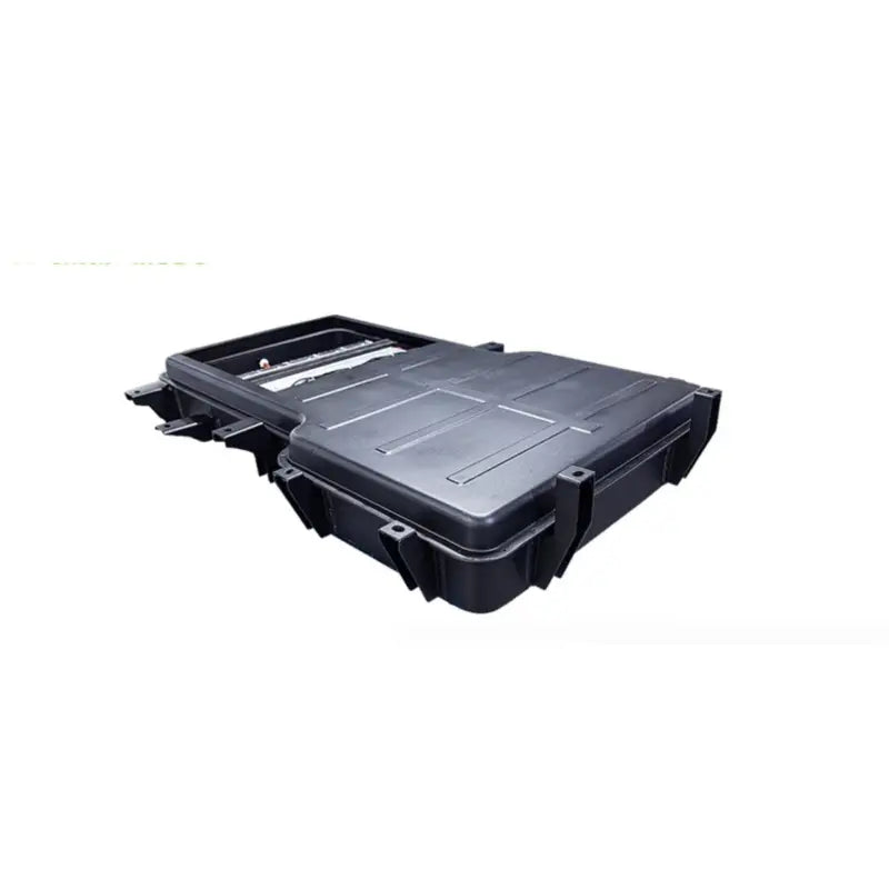 96V 120AH lithium ion car battery with large black plastic trunk box and lid.