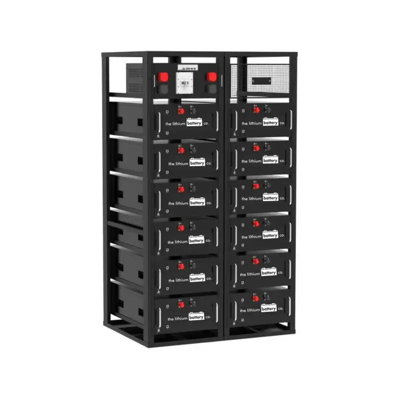 Black and red fire exor cabinet for 102.4kWh hybrid energy storage system.
