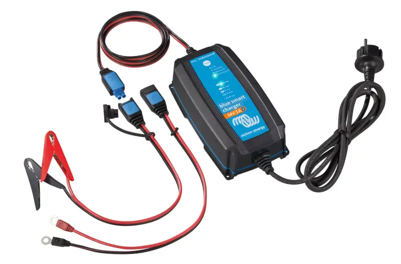 Blue Smart IP65 charger connected to a cable for efficient lithium battery charging