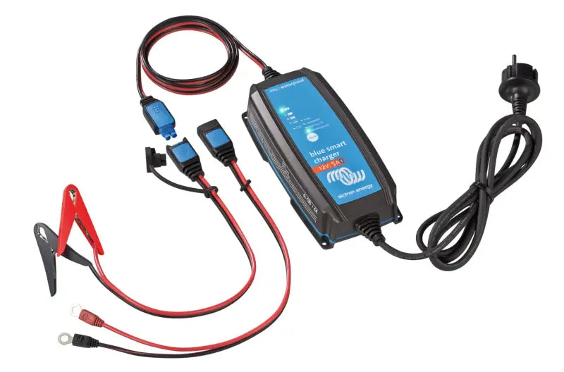 Blue Smart IP65 Charger connected to cable for Lithium Batteries with Bluetooth feature