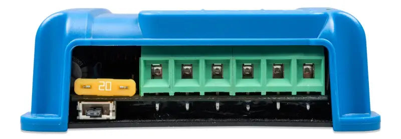 BlueSolar MPPT terminal display in vibrant blue, green, and yellow colors.