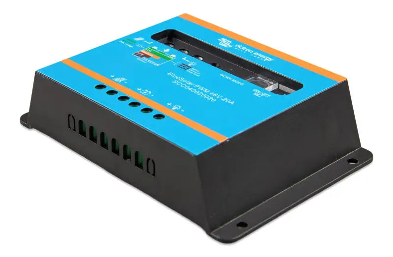 BlueSolar PWM charger, blue and orange with black base, fully programmable load output
