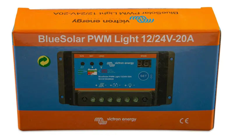 BlueSolar PWM solar power system with programmable load output box in blue.