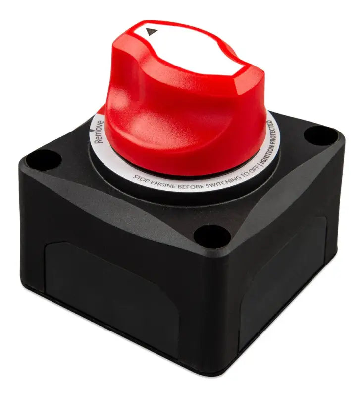 Red push button lithium ion battery switch for Ergonomic 275A systems on white background