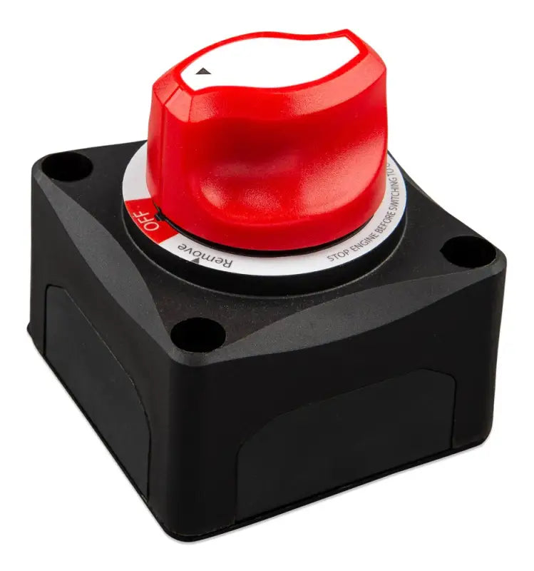 Red battery switch for lithium ion systems on white background