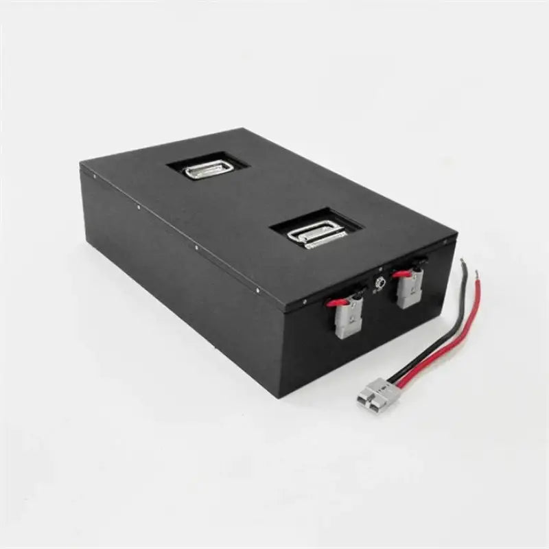 48V 150AH electric scooter battery pack with black box and red wire on white background.