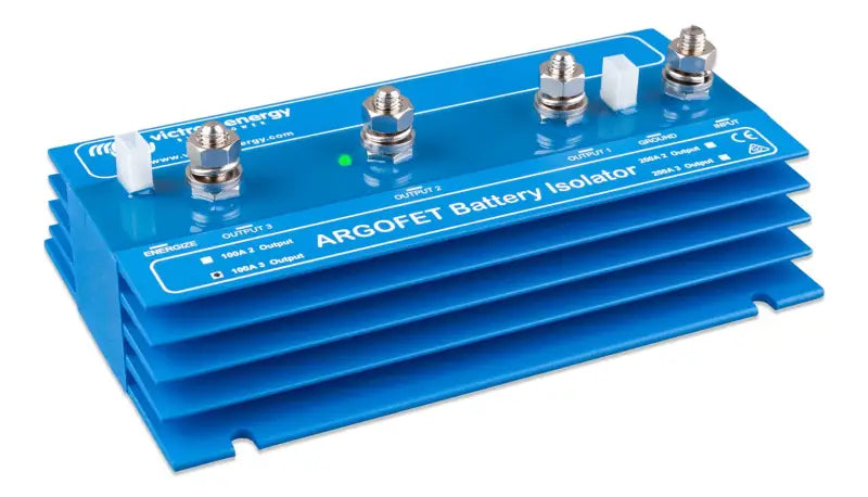 Close-up of Argofet Battery Isolators blue controller with four terminals for efficient charging