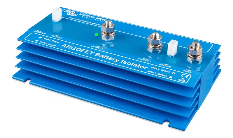 Argofet battery isolators with blue isolation device and four battery types featured