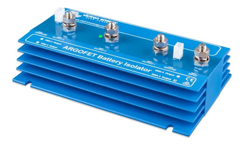 Three blue Argofet battery isolators stacked for multi-charging efficiency