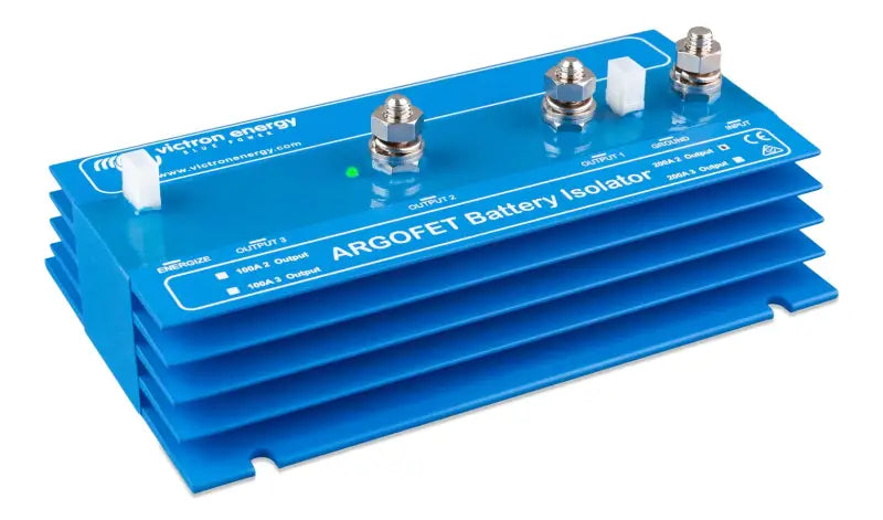 Close-up Argofet battery isolators with blue amplifier and four wires for multi-charging