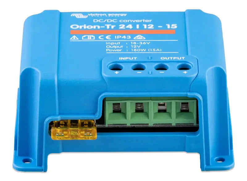 High efficiency Orion-Tr DC-DC converter with IP43, blue device and yellow light