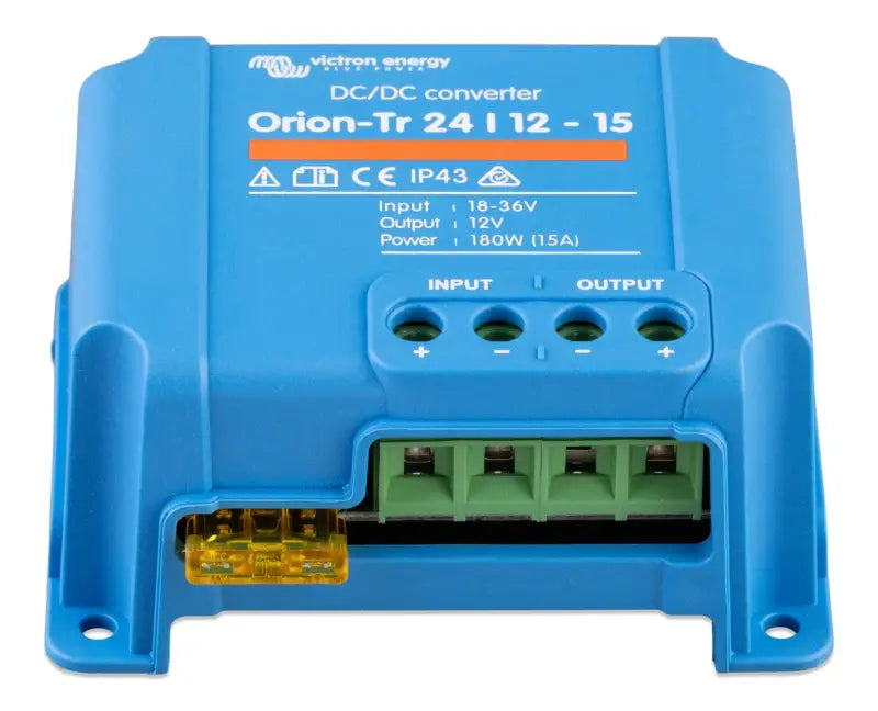 High efficiency Orion-Tr DC-DC converter with IP43 and screw terminals, blue with yellow light