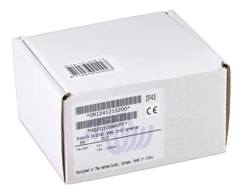 High efficiency Orion-Tr DC-DC converter IP43 with barcode and screw terminals on white box