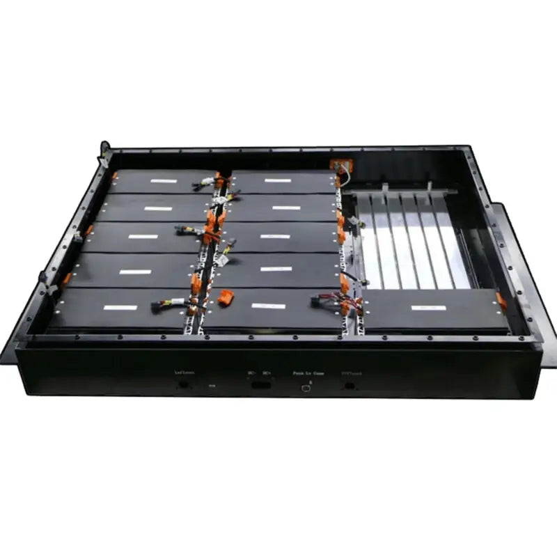 Top view of 100AH NMC Lithium EV Battery with black box and metal tray.