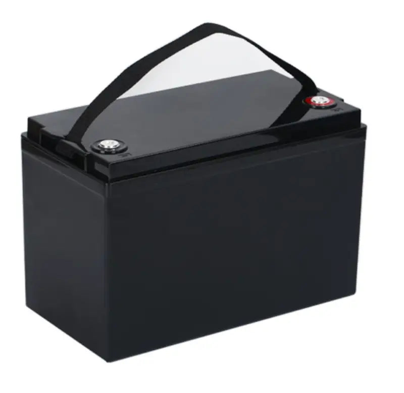 16V 135Ah LiFePO4 battery pack with black box and clear lid.