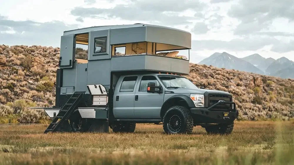 Truck camper powered by lithium RV battery, showcasing lifepo4 technology on the go.