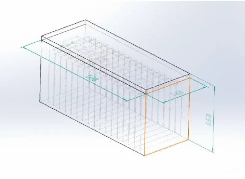 Drawing of 100AH LiFePO4 battery internals with a wire in a glass box.