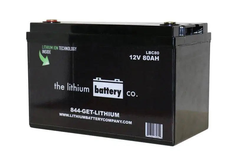 12V 80AH lithium ion battery with green label on black box
