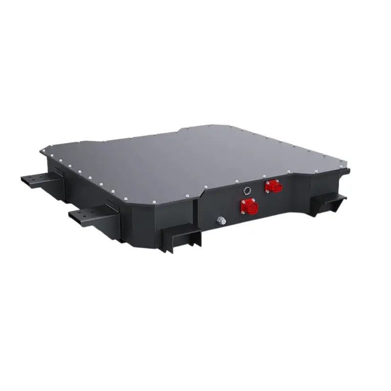 Back view of 144V 100AH lithium EV battery table with red buttons