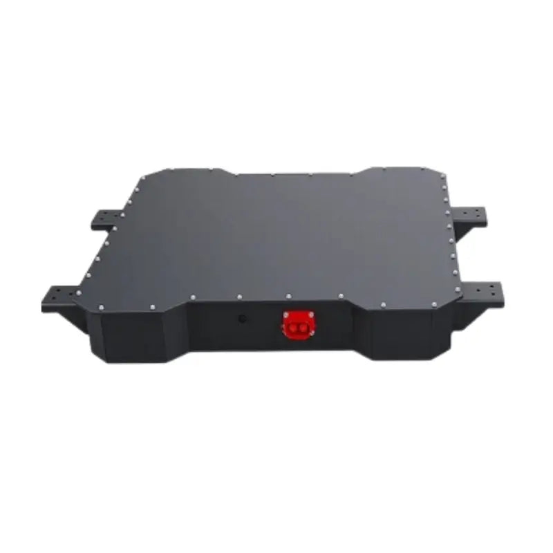 Back of 144V 100AH lithium EV battery with red button for electric car