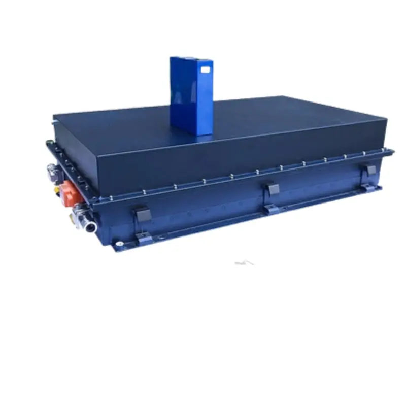 Close-up of 128V 206AH OEM truck lithium EV battery with blue object on top.