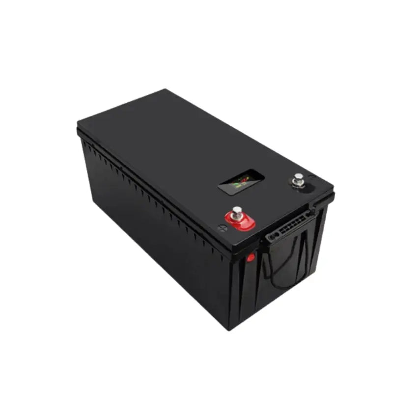 24V 200AH rechargeable lithium RV battery box with red light indicator.