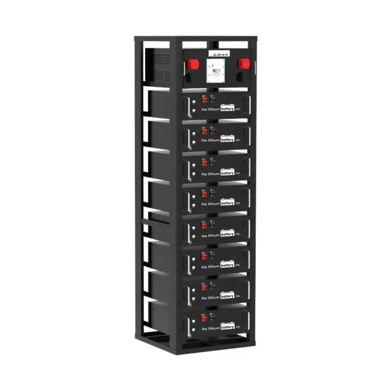 Black and red 72kWh hybrid energy storage cabinet with red knobs.