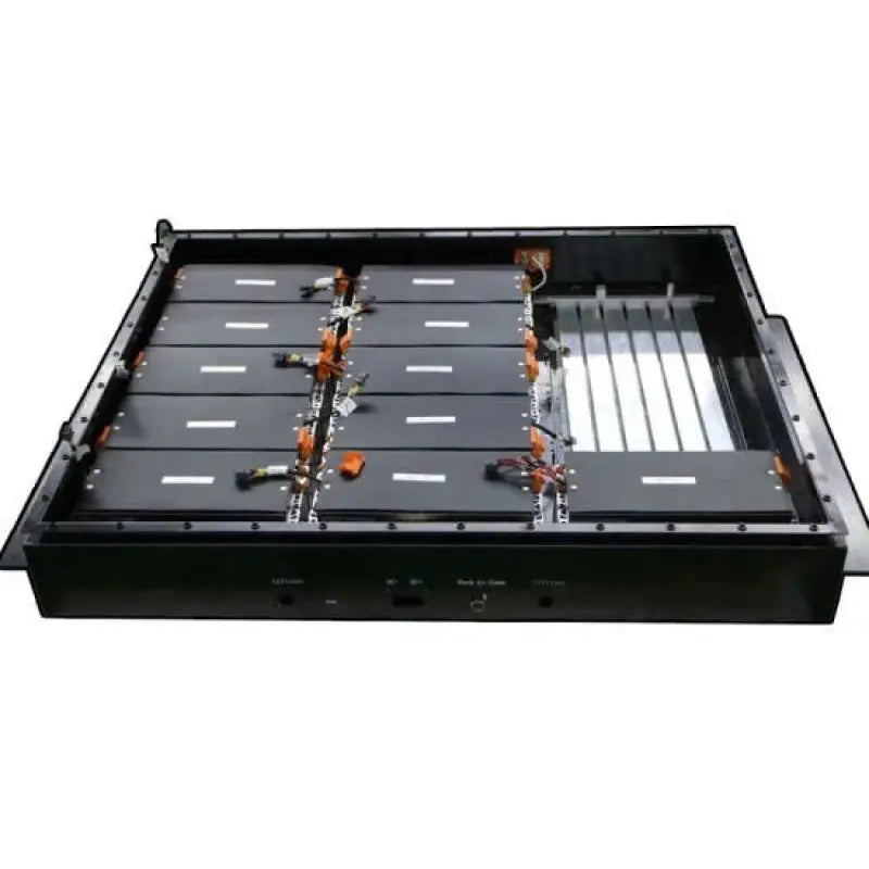 Close up of 320V 66AH lithium electric car battery types on rack