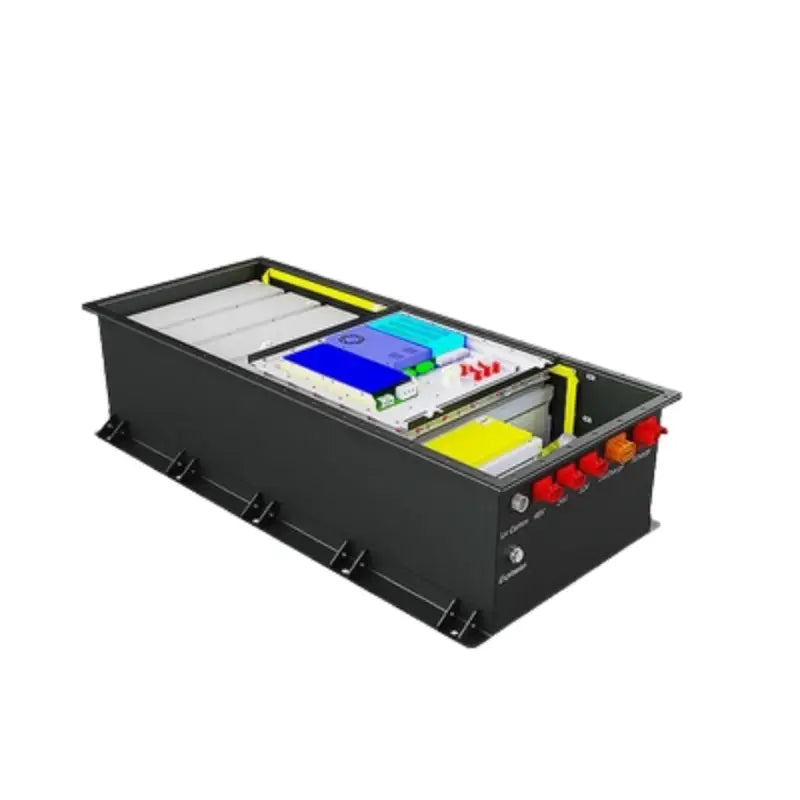 96V 400AH prismatic lithium EV battery with black box and yellow and blue lids.