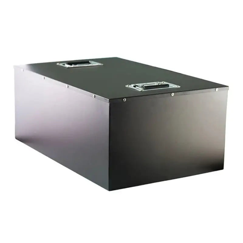 48V 200AH lithium golf car battery in a black metal box with a latch