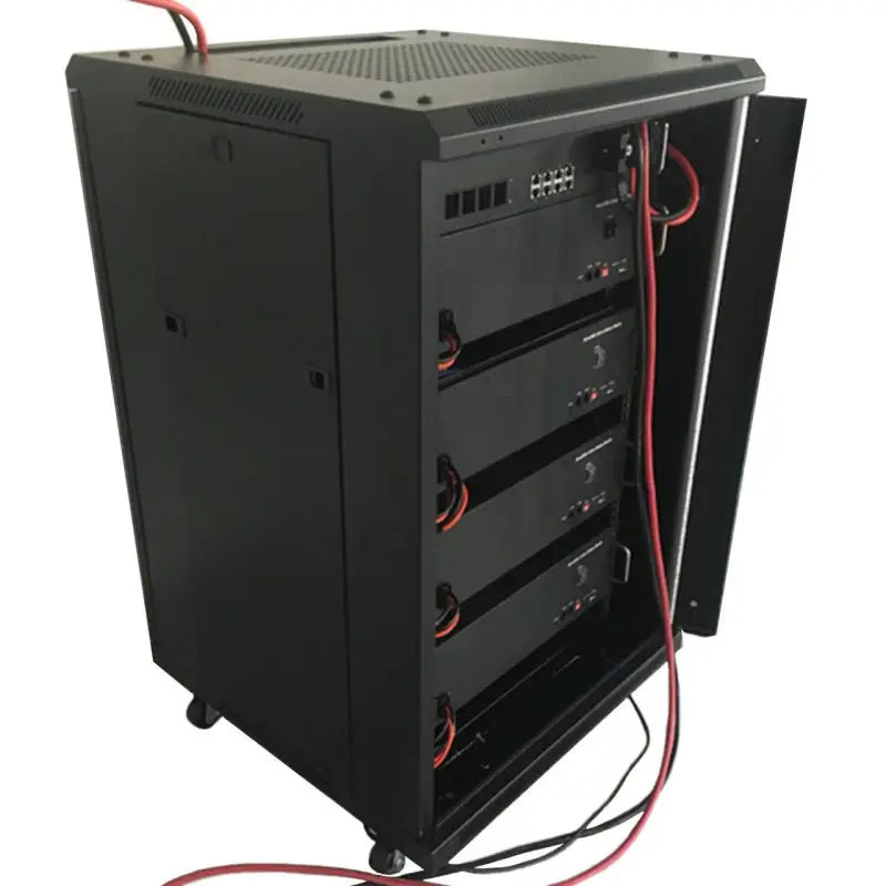 Black computer case with red wires for 48v 200ah lithium ion battery in telecommunications