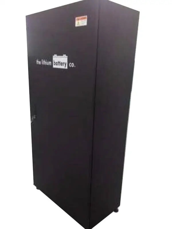 48V 500Ah lithium ion battery in black metal cabinet on white background