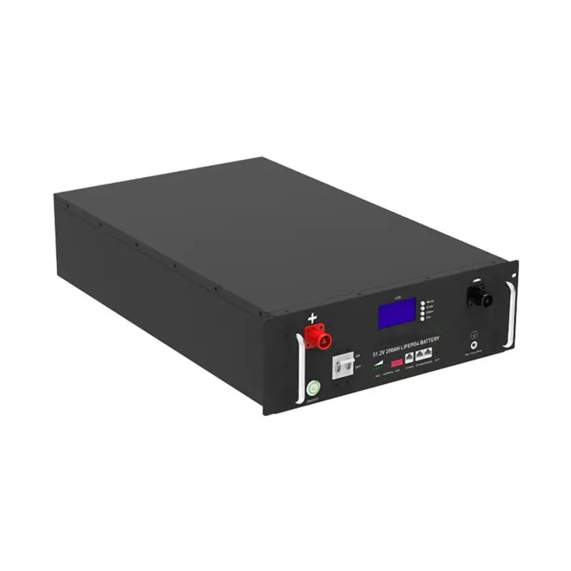 48V 100AH stackable rack battery with peak 2mins feature, black box red button blue screen