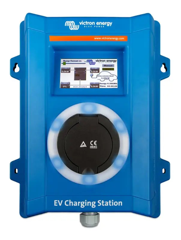 Blue EV charging station with front button, suitable for single and three-phase power.