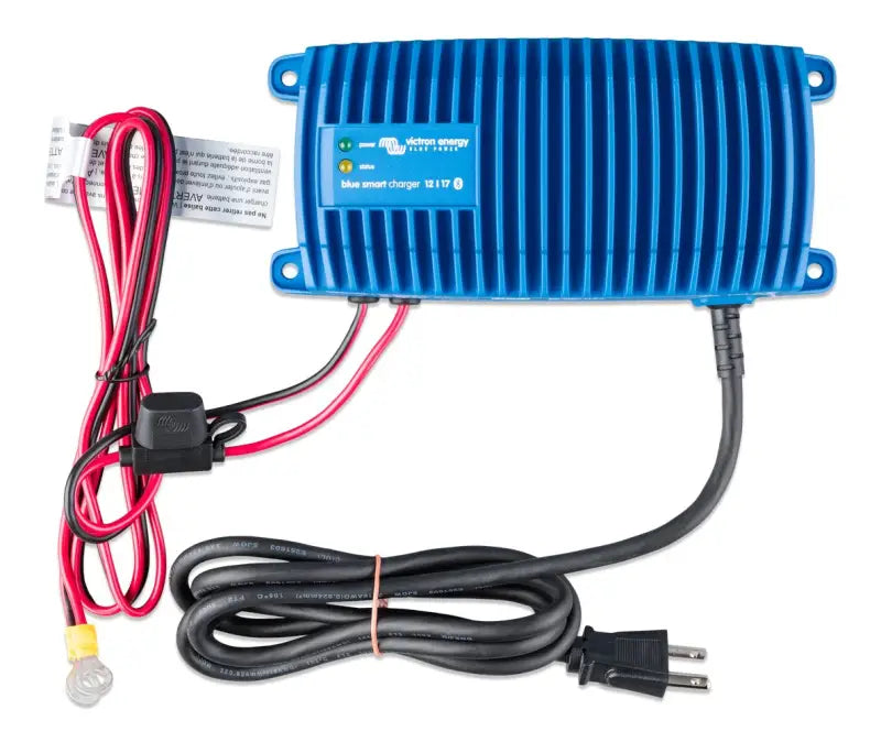 Blue Smart IP67 battery charger with a red cord on display