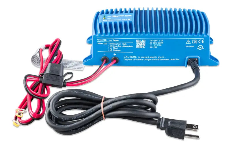 Blue Smart IP67 battery charger connected to power strip