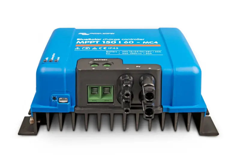BlueSolar MPPT charger in blue and black with green plugged in.
