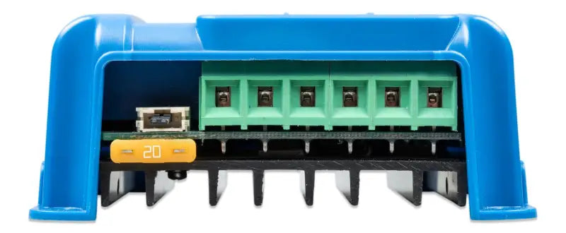 Close-up of BlueSolar MPPT device with blue, green design and yellow button