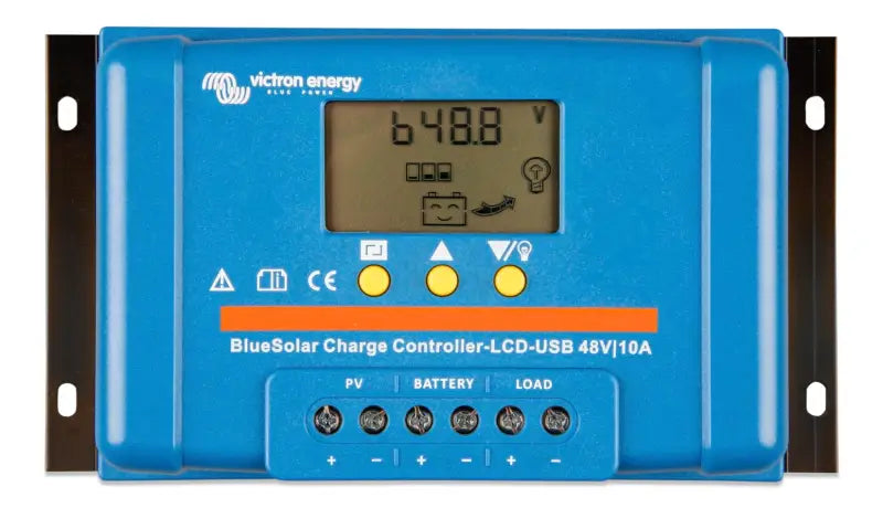 BlueSolar PWM charge controller duo with LCD & USB on display.