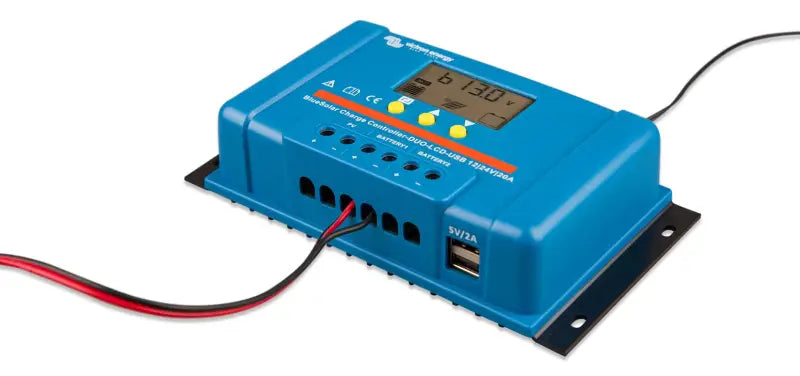 BlueSolar PWM charge controller DUO LCD&USB digital battery charger displayed.