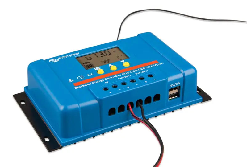 BlueSolar PWM charge controller connected to a power strip for efficient charging.