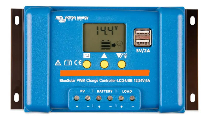 BlueSolar PWM Charge Controller (DUO) LCD&USB battery control unit displayed.