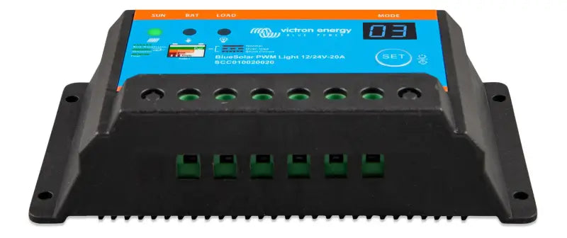 BlueSolar PWM battery charger with load output, fully programmable features displayed.