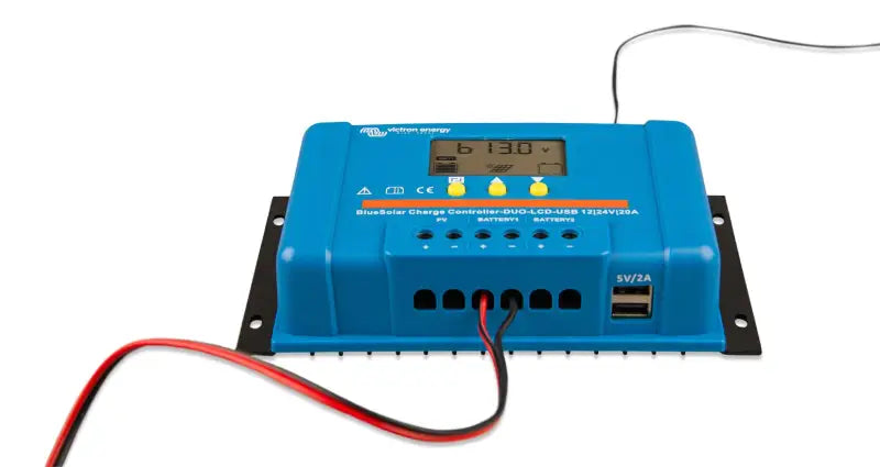 BlueSolar PWM charger connected to battery, showcasing fully programmable load output feature.