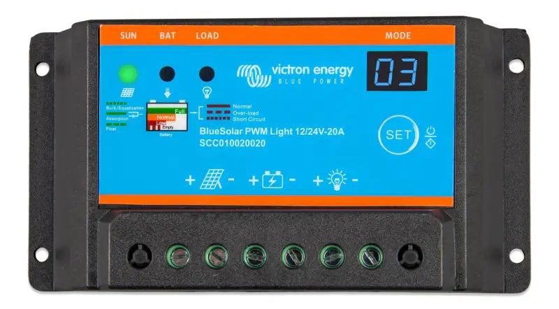 BlueSolar PWM controller displaying Victron Energy BL-12A load output, fully programmable