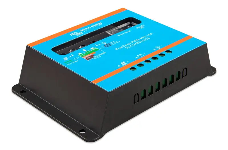 BlueSolar PWM charger in blue and orange with programmable load output.