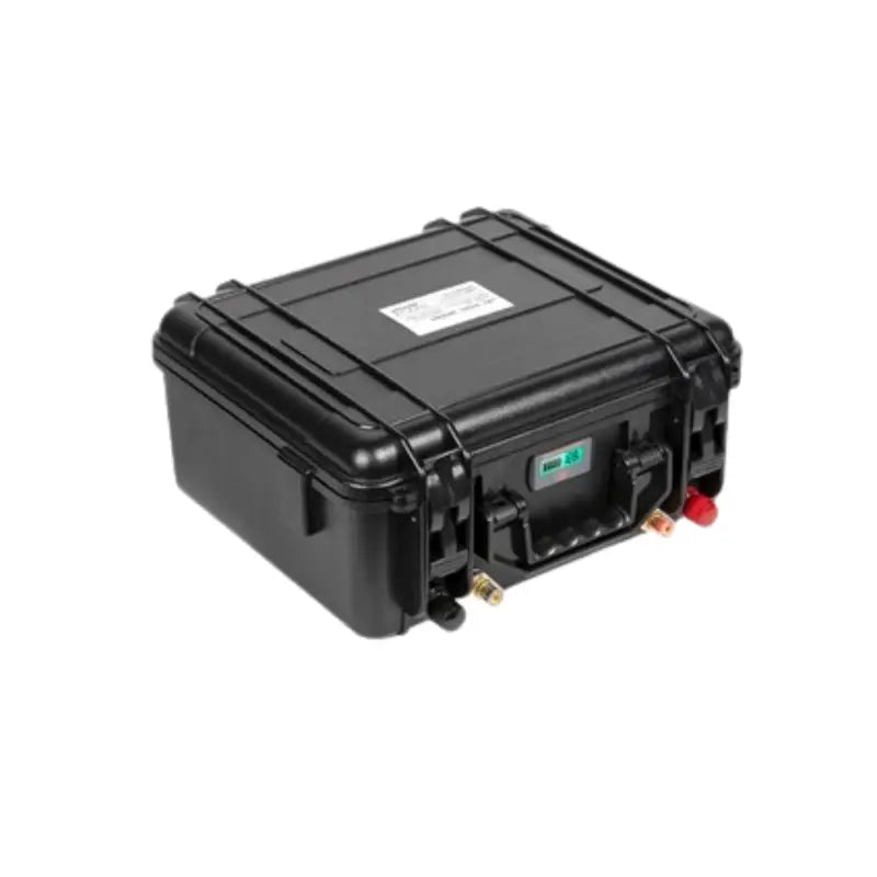 200AH lithium RV UPS battery in black case with red handle
