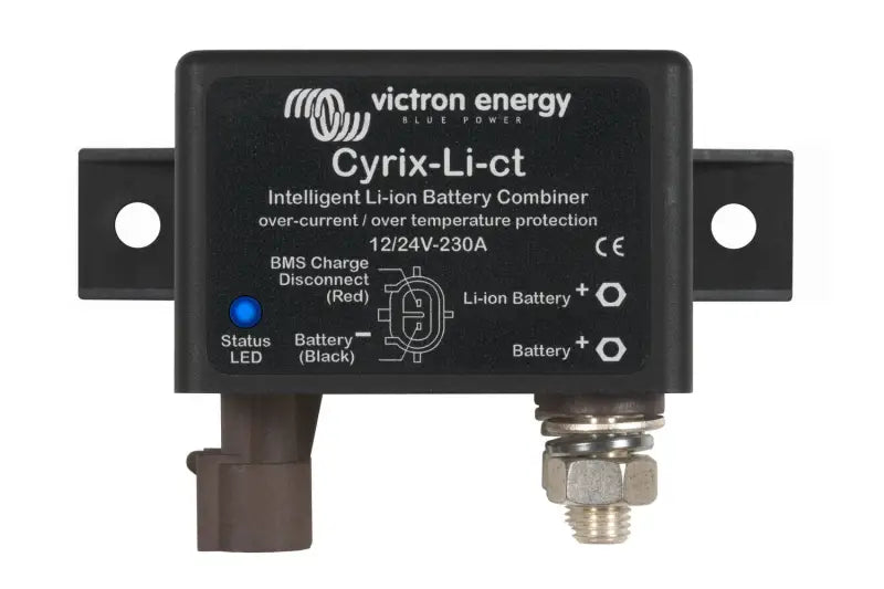 Close-up black and white photo of a Cyrix battery combiner for efficient power management
