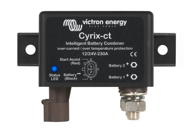 Close-up of Cyrix battery combiner with blue button on black device